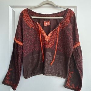 NWOT Free People Hand Embroidered Peasant Blouse